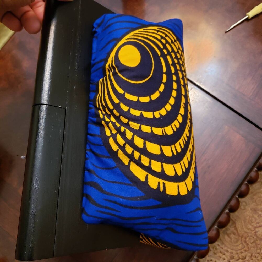 Wooden Frame Ankara Clutch, wood handle, mini clutch, black, blue African fabric